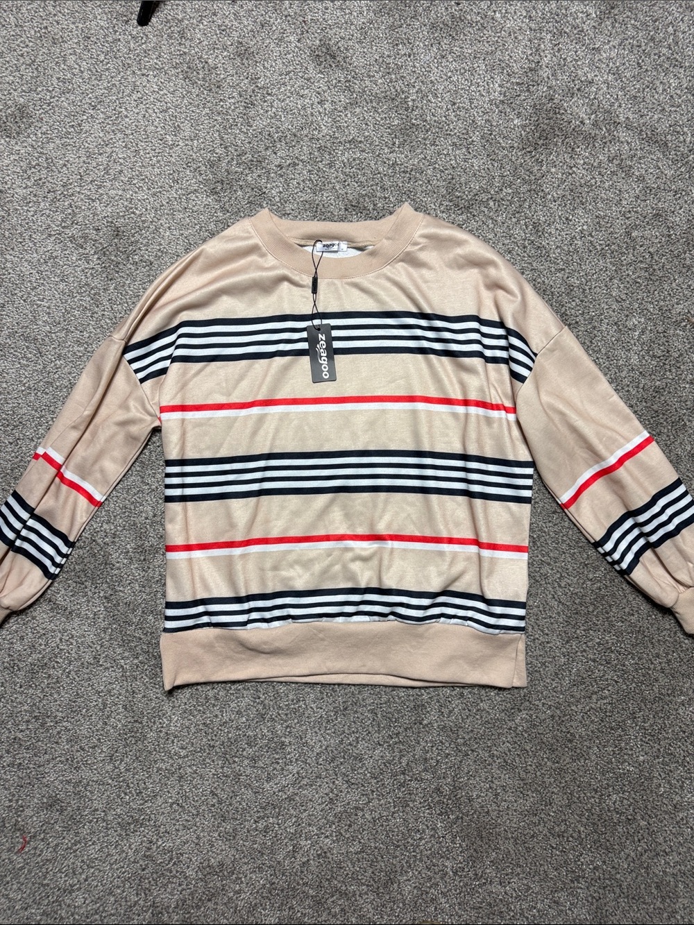 zeagoo Beige Crewneck Sweater with Black and Red Stripes